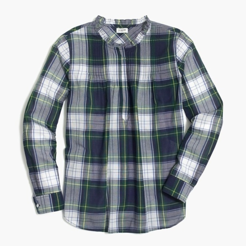 J Crew Printed Washed Pintuck Popover Plaid Blouse Relaxed Fit Womens Size 2